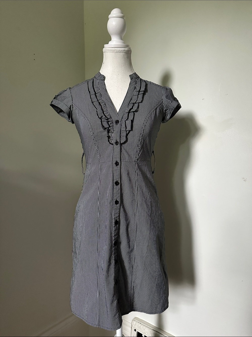 DYNAMITE Y2K Pinstripe Ruffle Preppy Twee Button Down Short Sleeve Mini Dress
